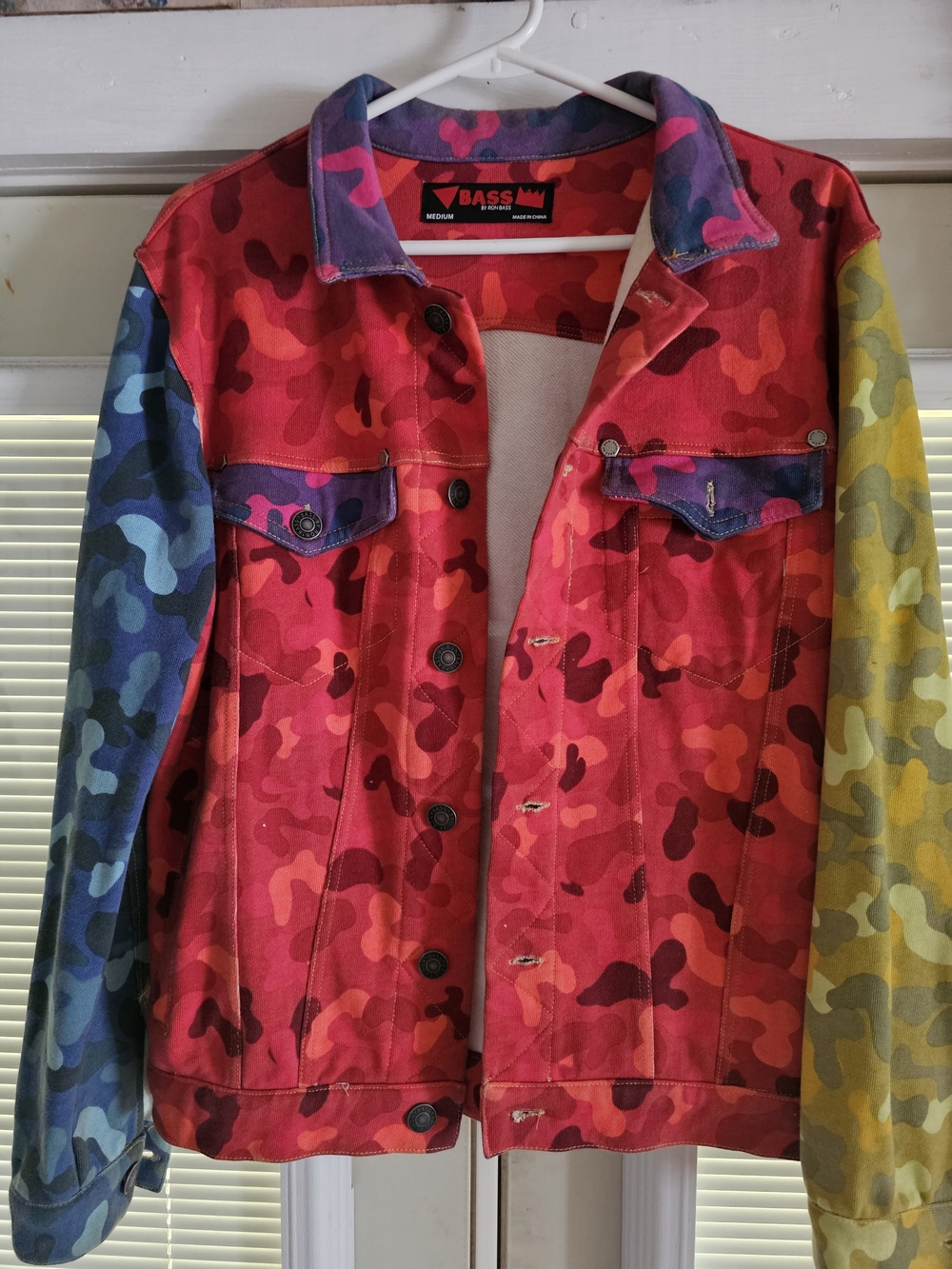 Bass by Ron BassMulticolor Camo Denim Jacket - Red, Blue, Yellow, Purple Accents